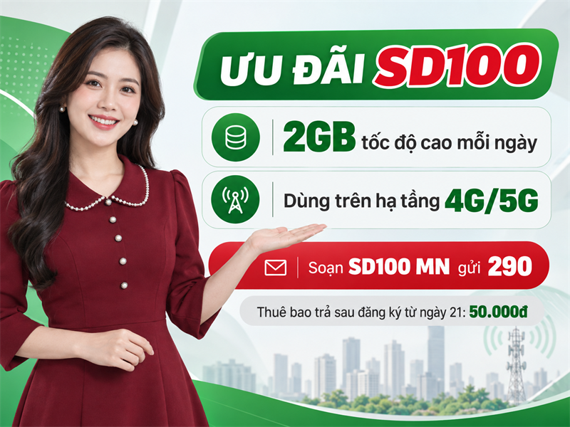 Ưu đãi data và cú pháp đăng ký SD100 MN gửi 290