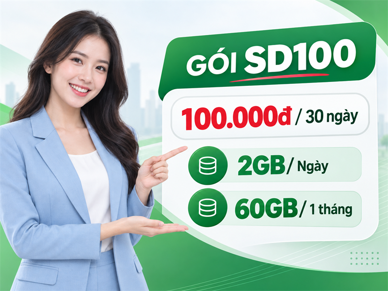 Gói SD100 Viettel giá 100.000đ có 2GB mỗi ngày